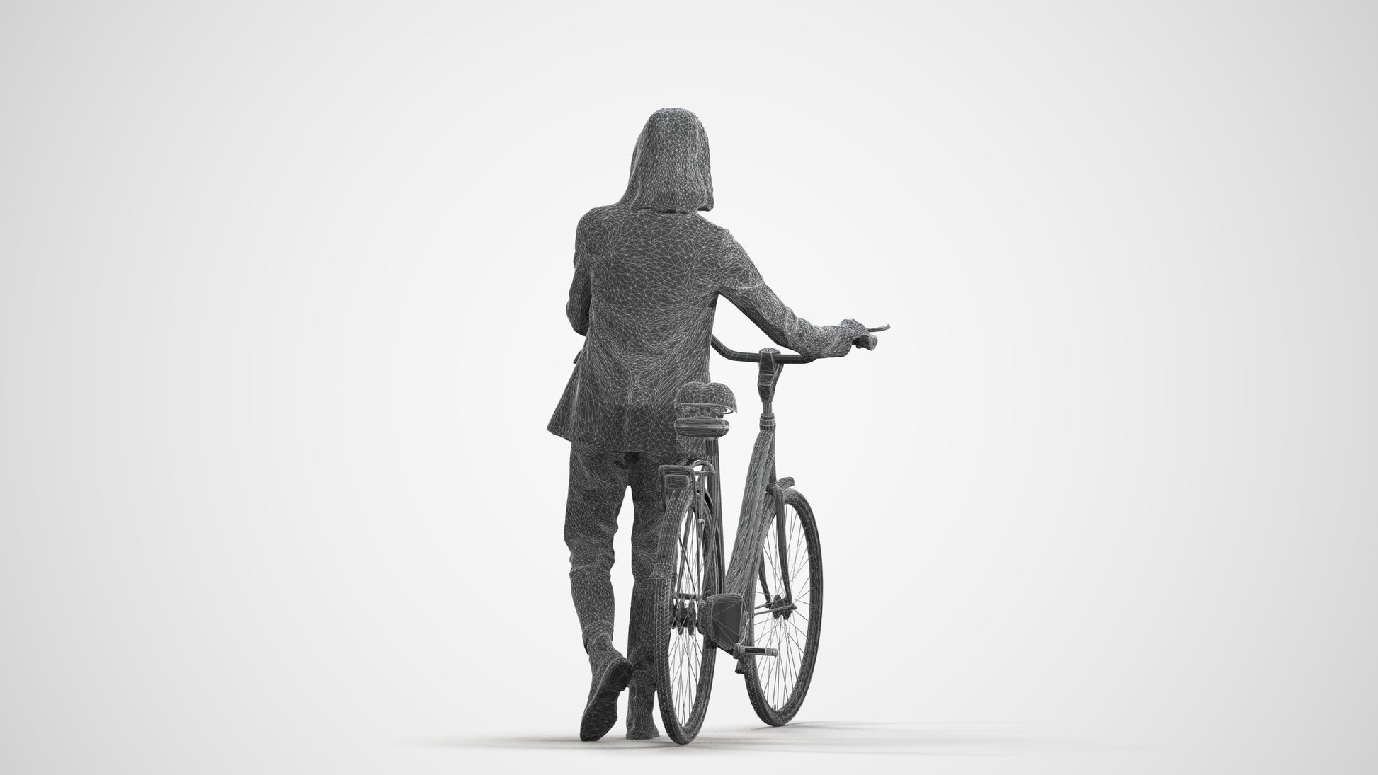 realistic 3D woman business cycling, scanned archviz people for Blender and 3ds Max, wireframe front view