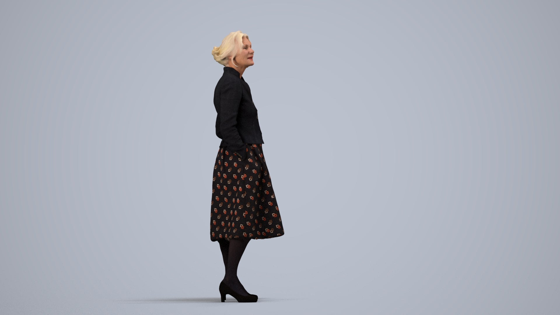 realistic 3D people senior woman business standing, render-ready for V-Ray and Corona, FBX OBJ, side view render
