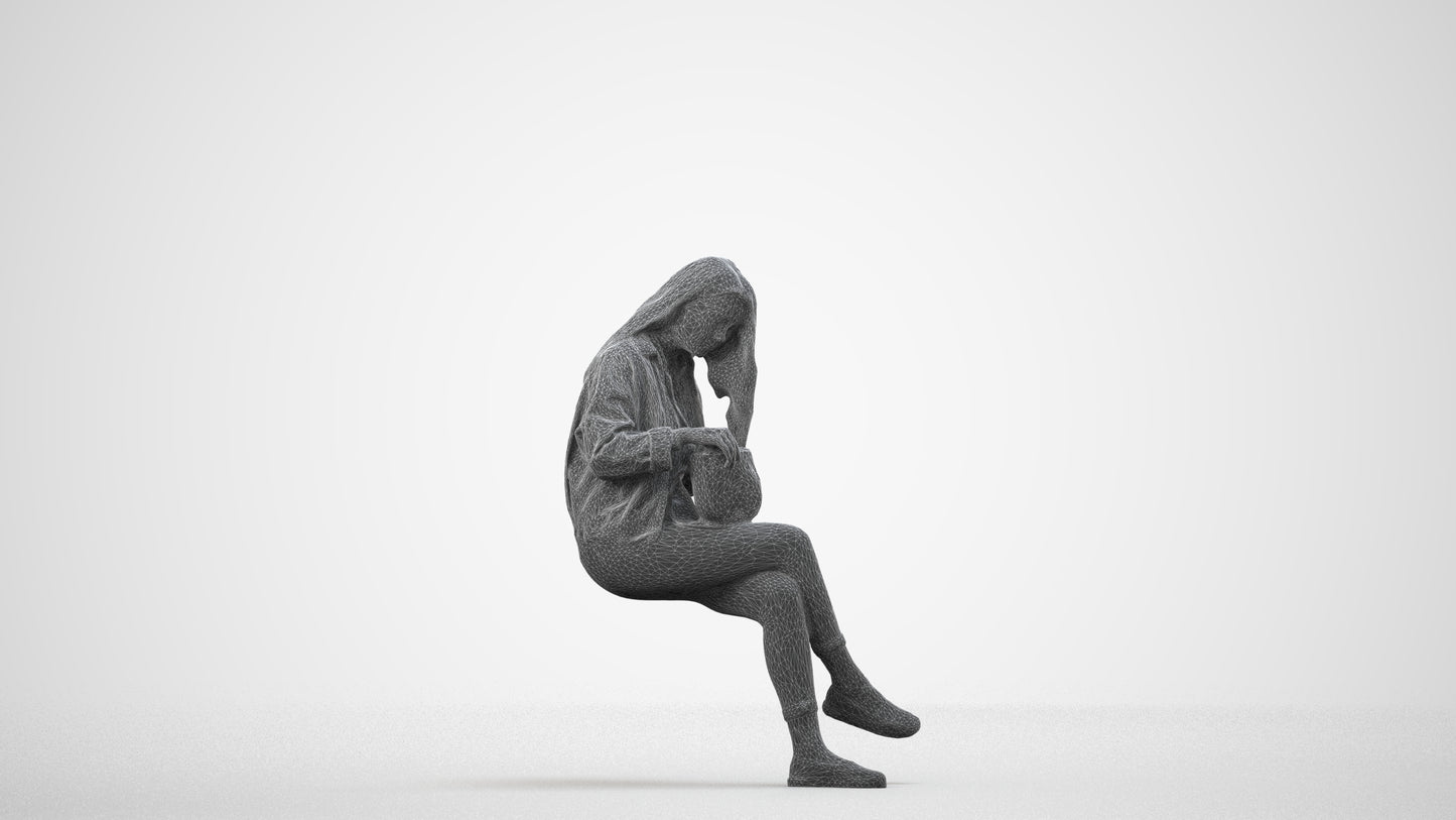 realistic 3D human woman sitting, archviz people FBX OBJ for Blender, wireframe side view
