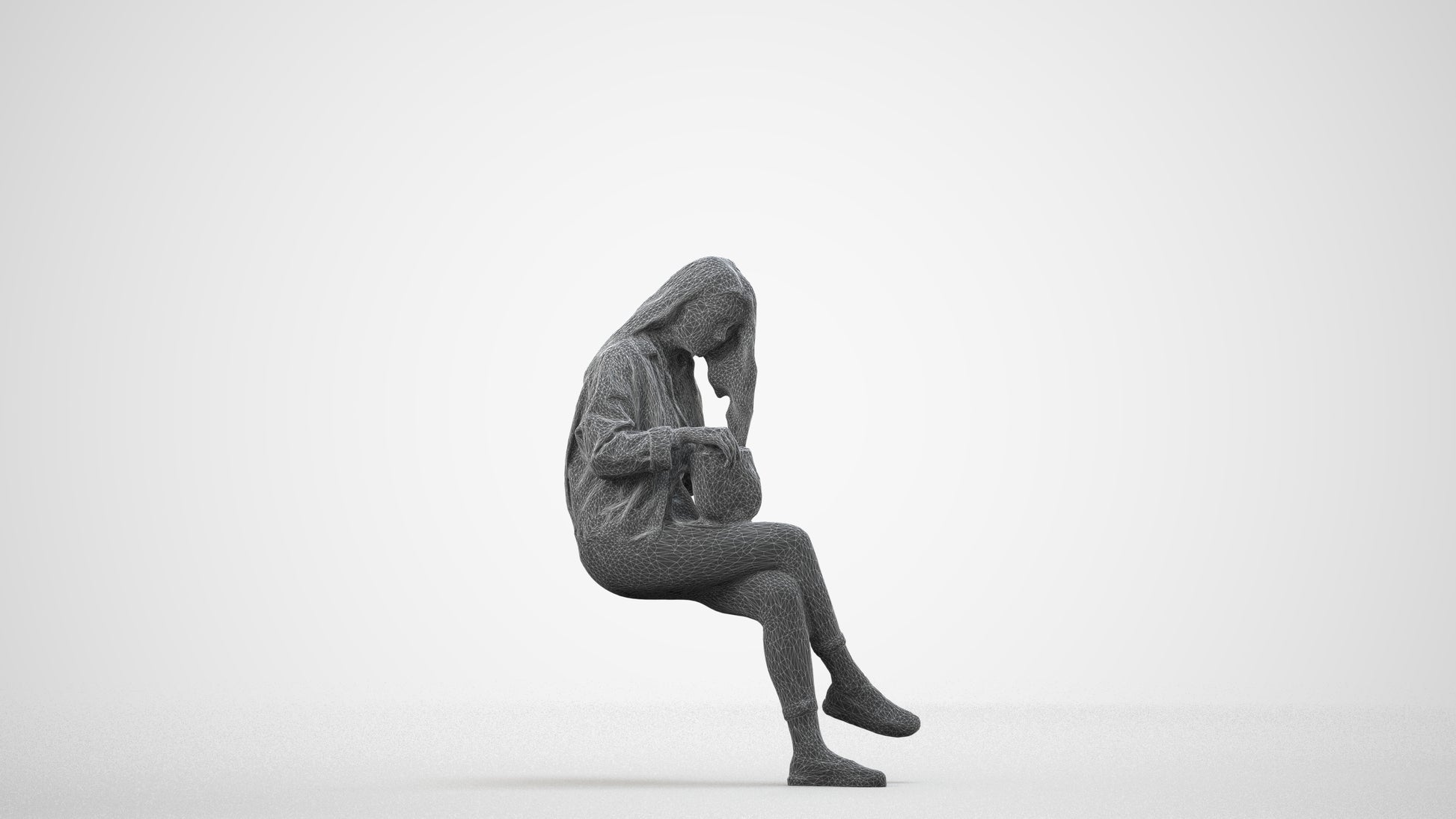realistic 3D human woman sitting, archviz people FBX OBJ for Blender, wireframe side view
