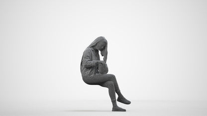 realistic 3D human woman sitting, archviz people FBX OBJ for Blender, wireframe side view