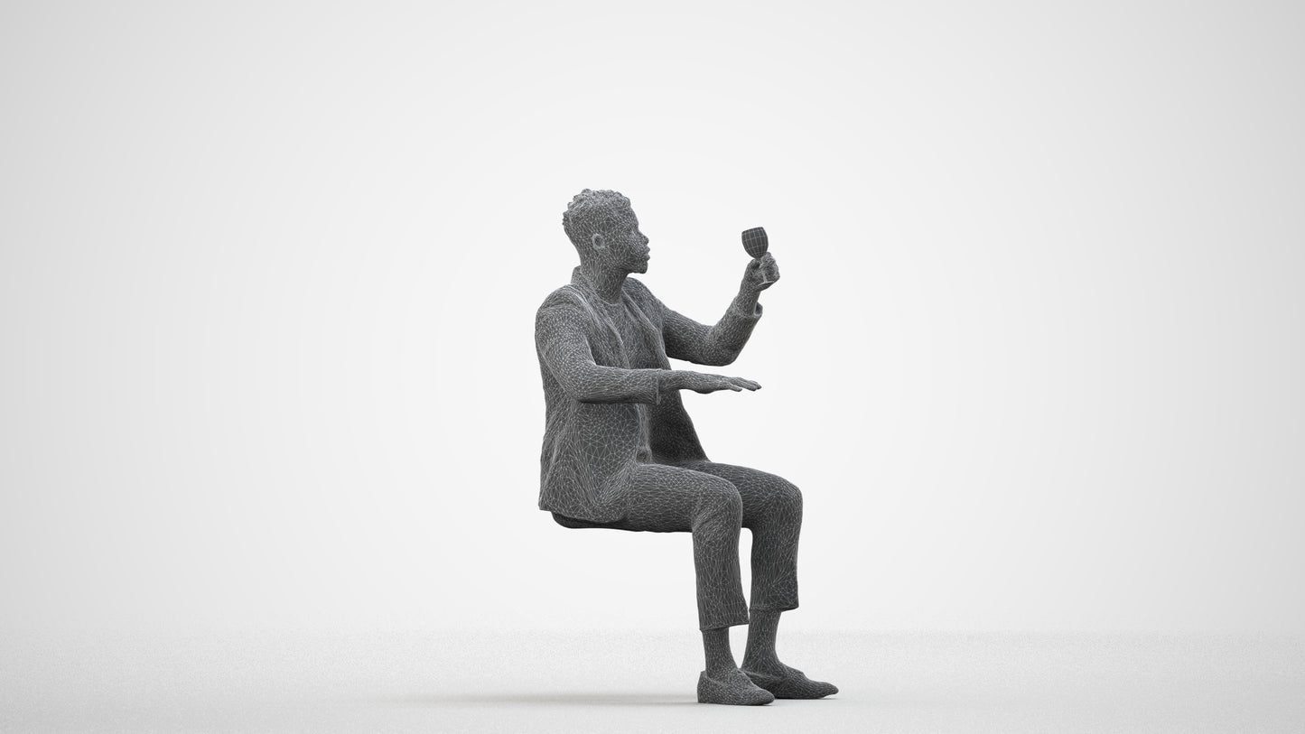 3D scanned man sitting formal, photorealistic archviz people for Enscape and SketchUp, wireframe side view