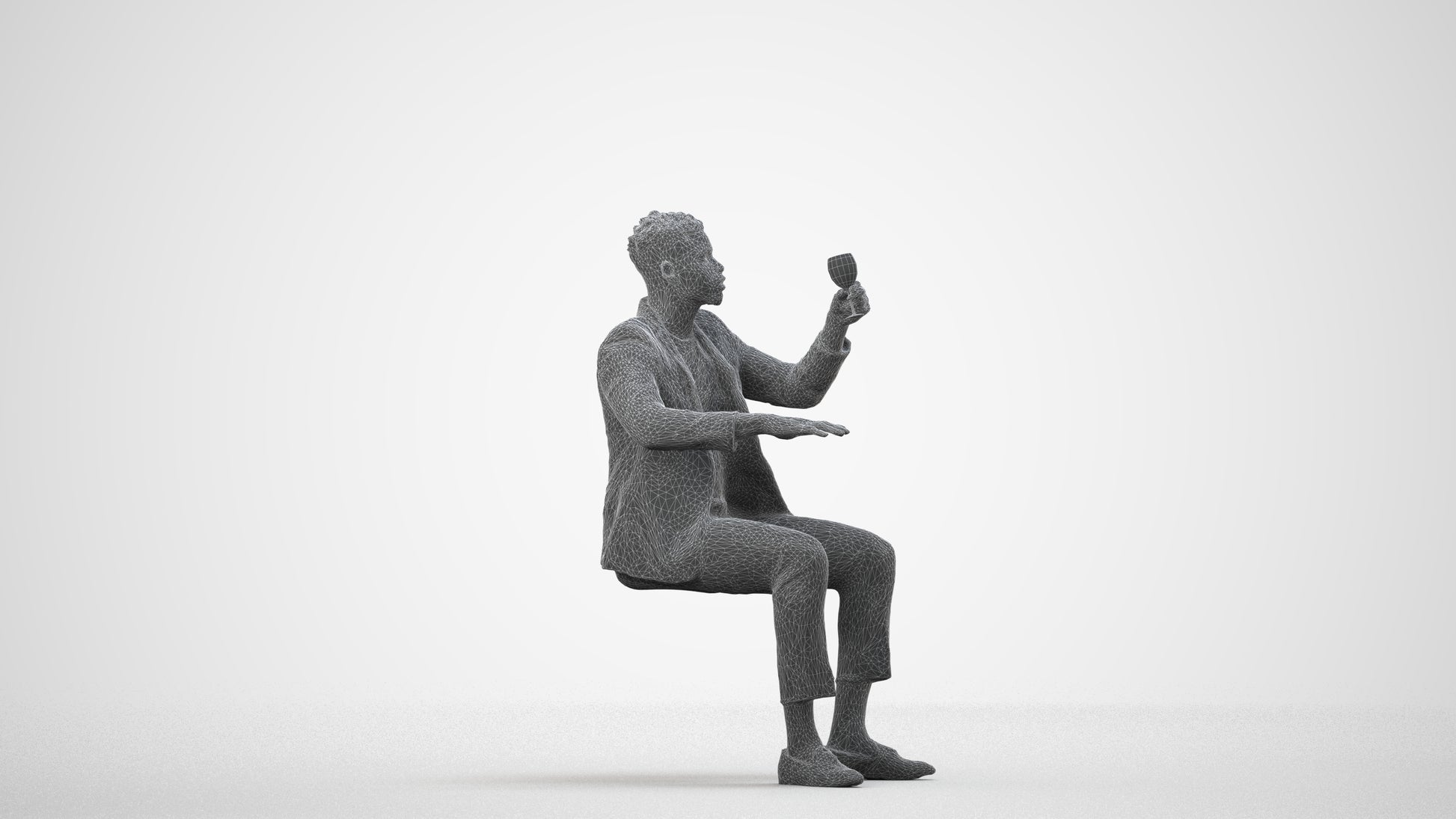 3D scanned man sitting formal, photorealistic archviz people for Enscape and SketchUp, wireframe side view