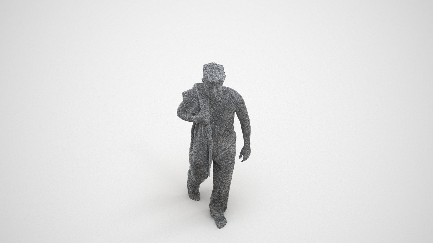 3D human model person bathroom, photogrammetry scanned person for archviz, wireframe three-quarter view