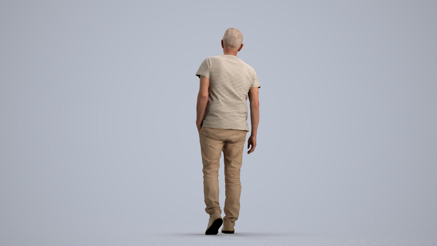 realistic 3D senior man casual walking, scanned archviz people for Blender and 3ds Max, front view render