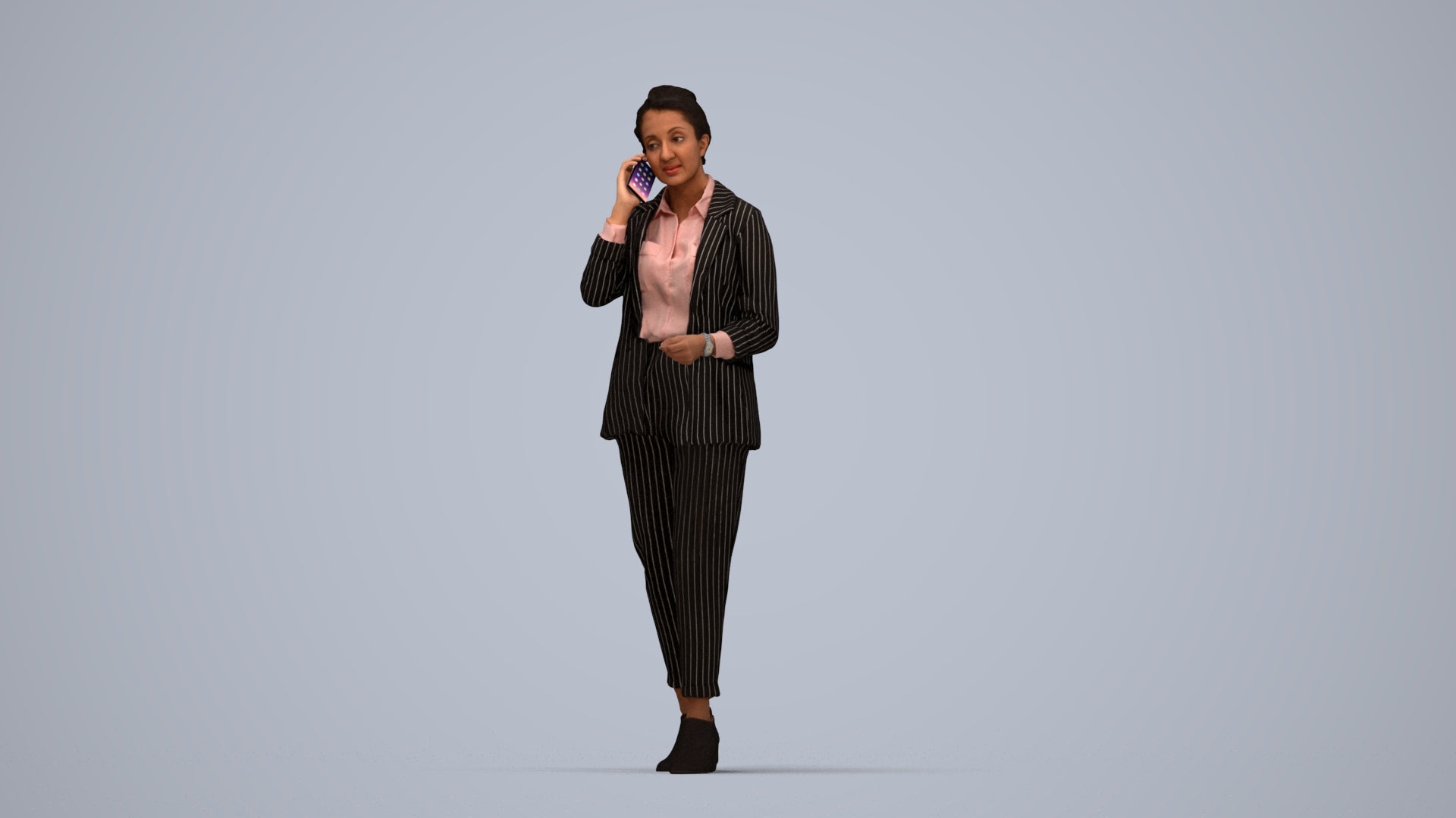 3D human model woman business, photogrammetry scanned person for archviz, top-down view render