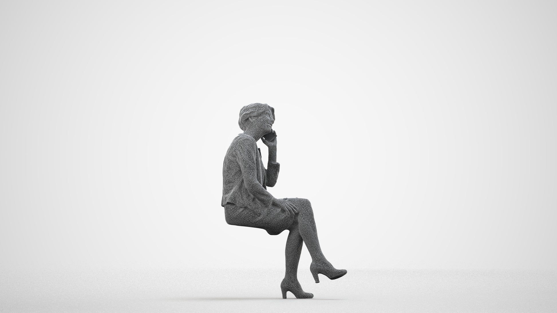 photogrammetry 3D woman business sitting, realistic human model archviz FBX, wireframe side view