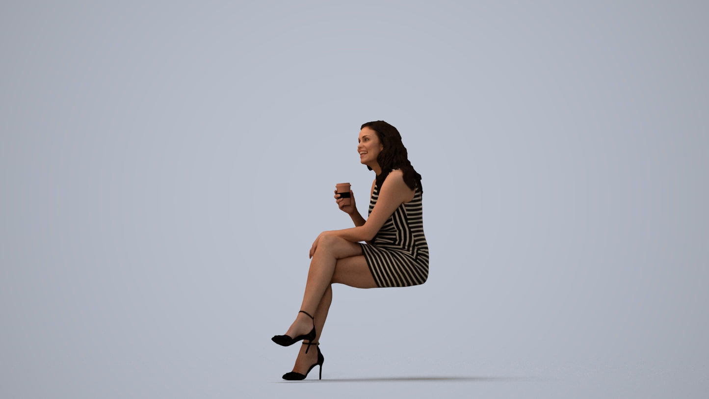 3D people model woman casual sitting, scanned human for 3ds Max rendering, three-quarter view render