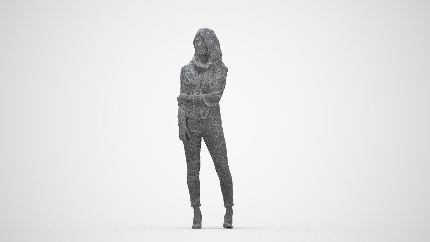 photogrammetry 3D woman casual standing, realistic human model archviz FBX, wireframe back view