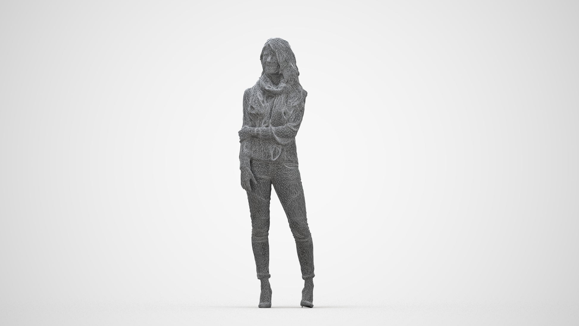 photogrammetry 3D woman casual standing, realistic human model archviz FBX, wireframe back view
