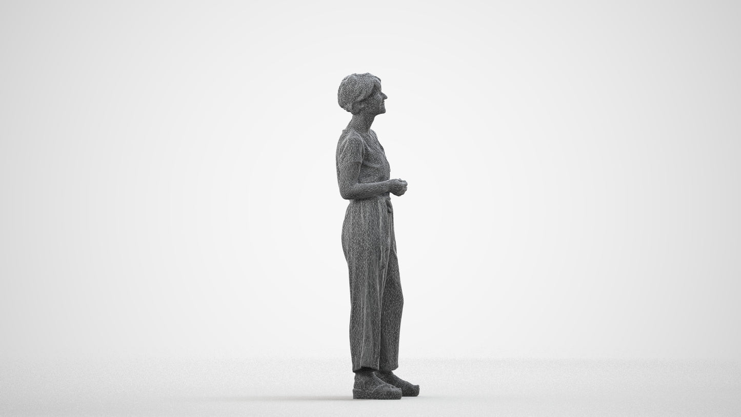realistic 3D senior woman casual standing, scanned archviz people for Blender and 3ds Max, wireframe side view