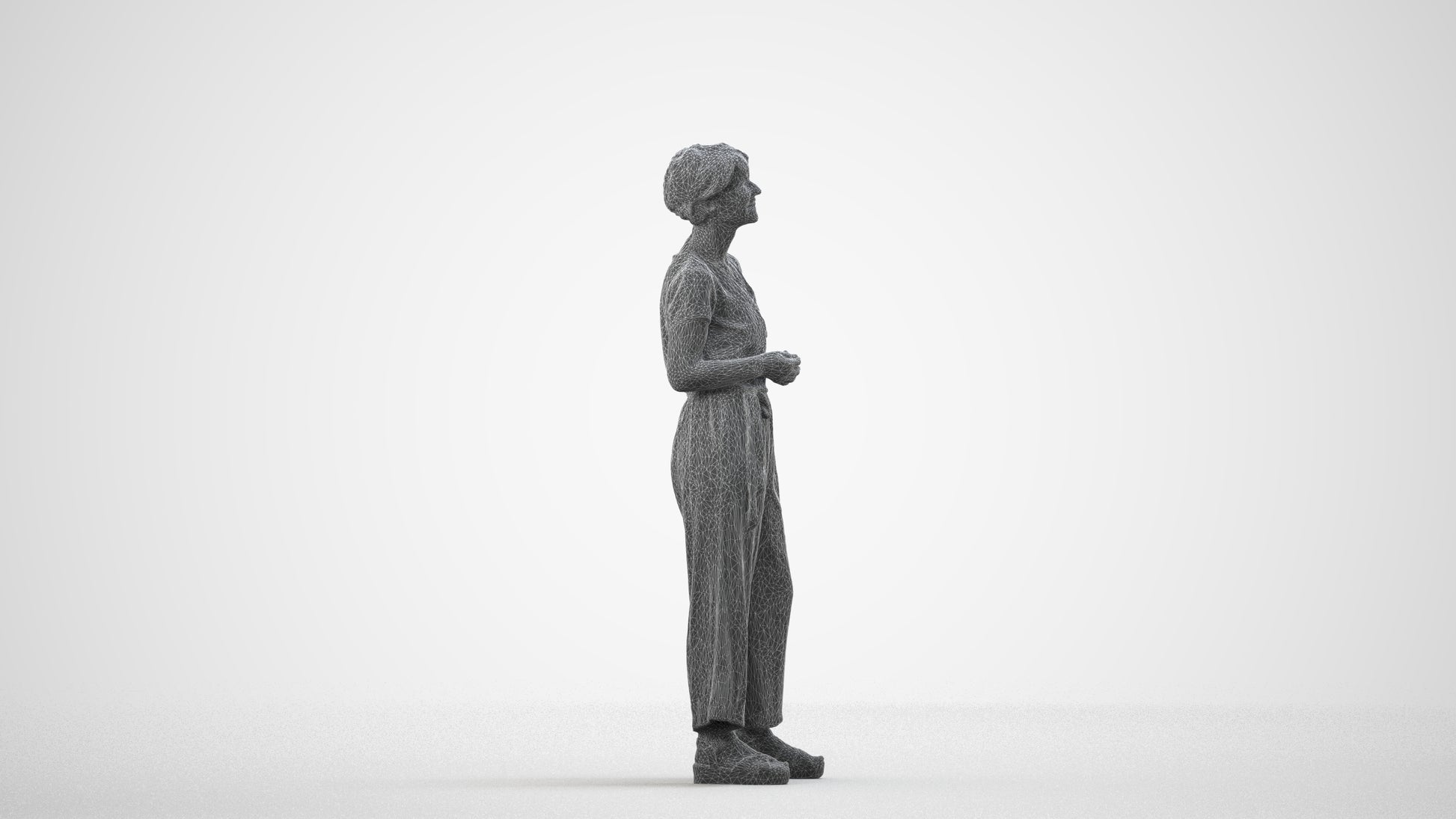 realistic 3D senior woman casual standing, scanned archviz people for Blender and 3ds Max, wireframe side view