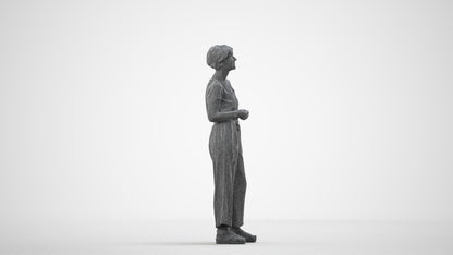 realistic 3D senior woman casual standing, scanned archviz people for Blender and 3ds Max, wireframe side view