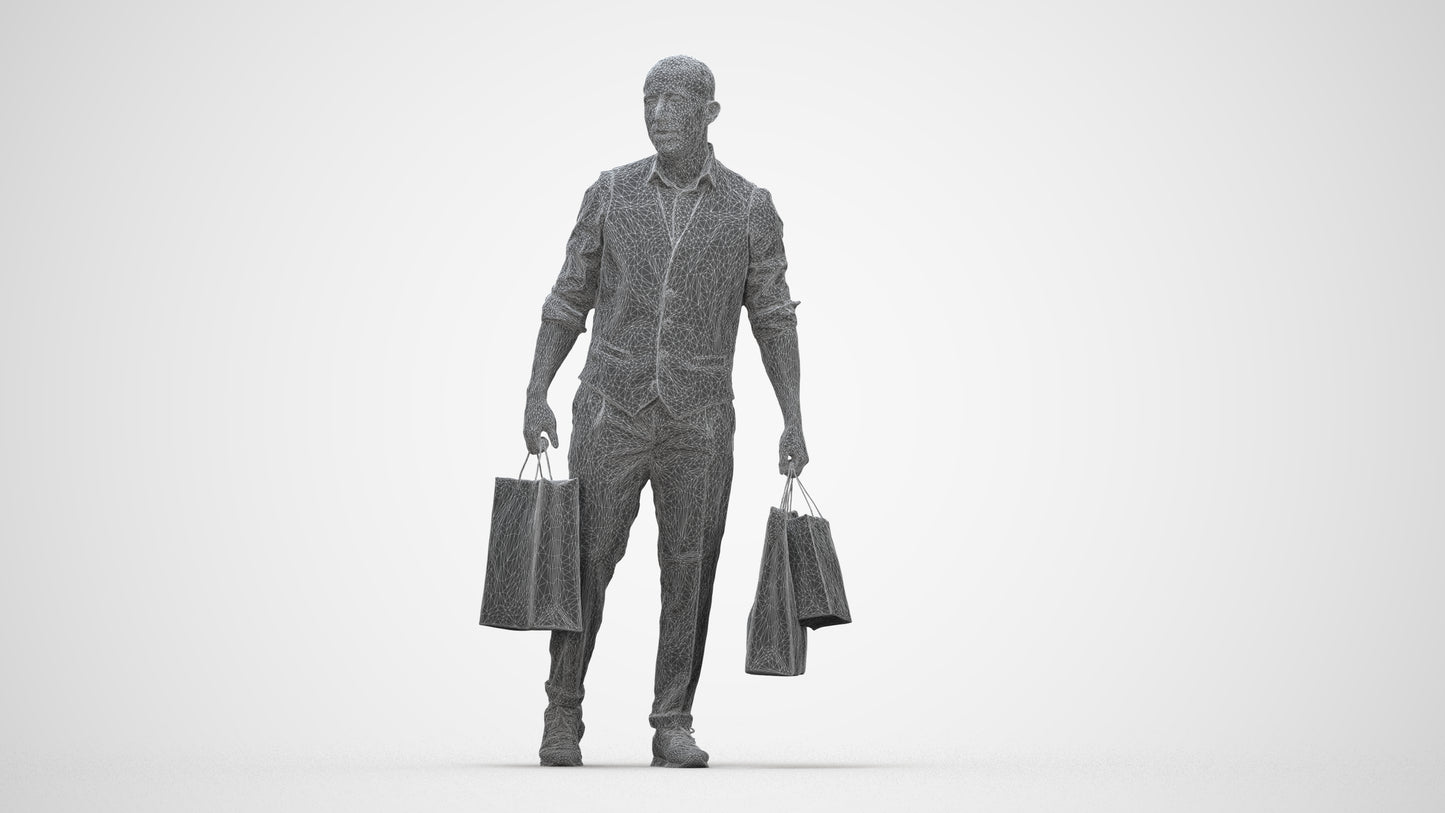 3D human model man casual shopping, photogrammetry scanned person for archviz, wireframe back view