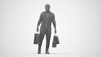 3D human model man casual shopping, photogrammetry scanned person for archviz, wireframe back view