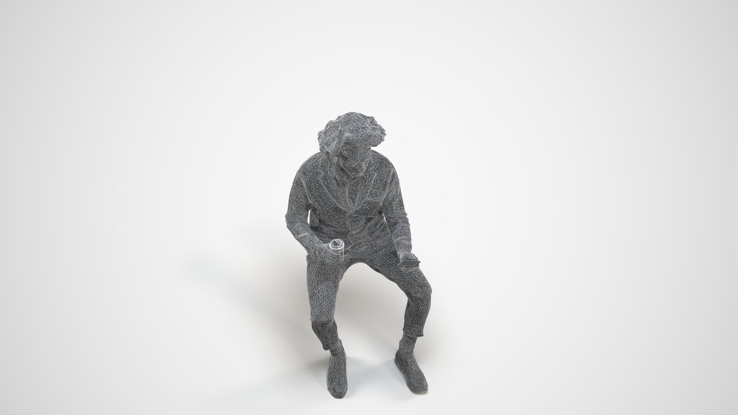 realistic 3D people man business sitting, render-ready for V-Ray and Corona, FBX OBJ, wireframe three-quarter view