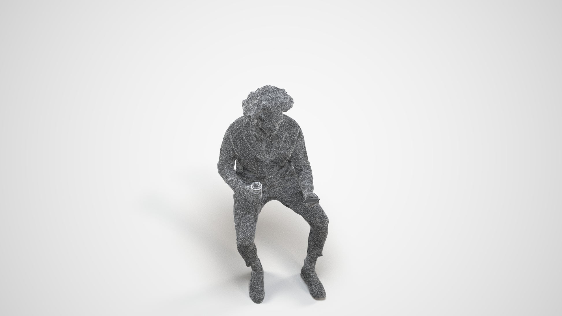 realistic 3D people man business sitting, render-ready for V-Ray and Corona, FBX OBJ, wireframe three-quarter view
