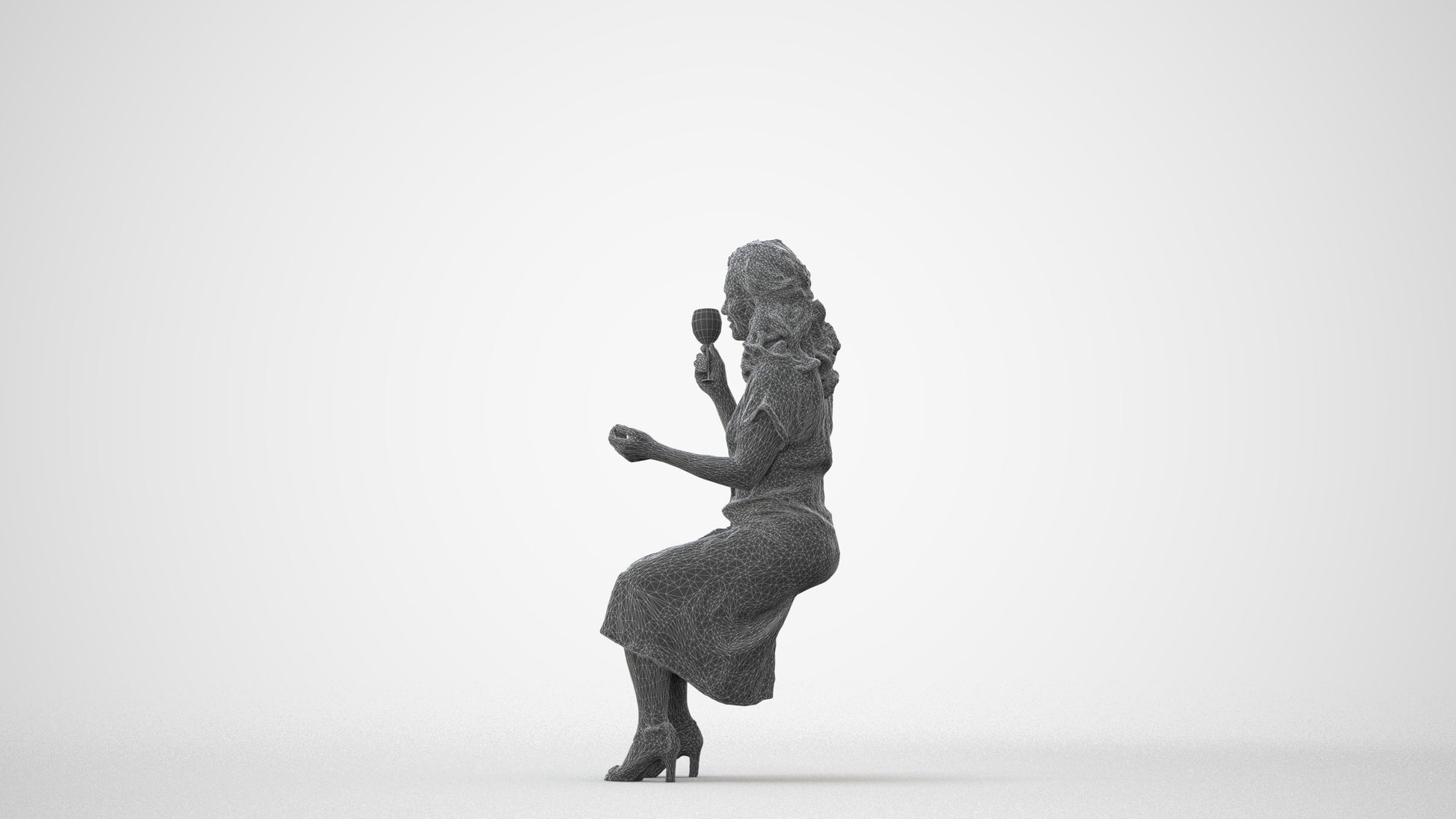 3D human model woman casual sitting, photogrammetry scanned person for archviz, square thumbnail