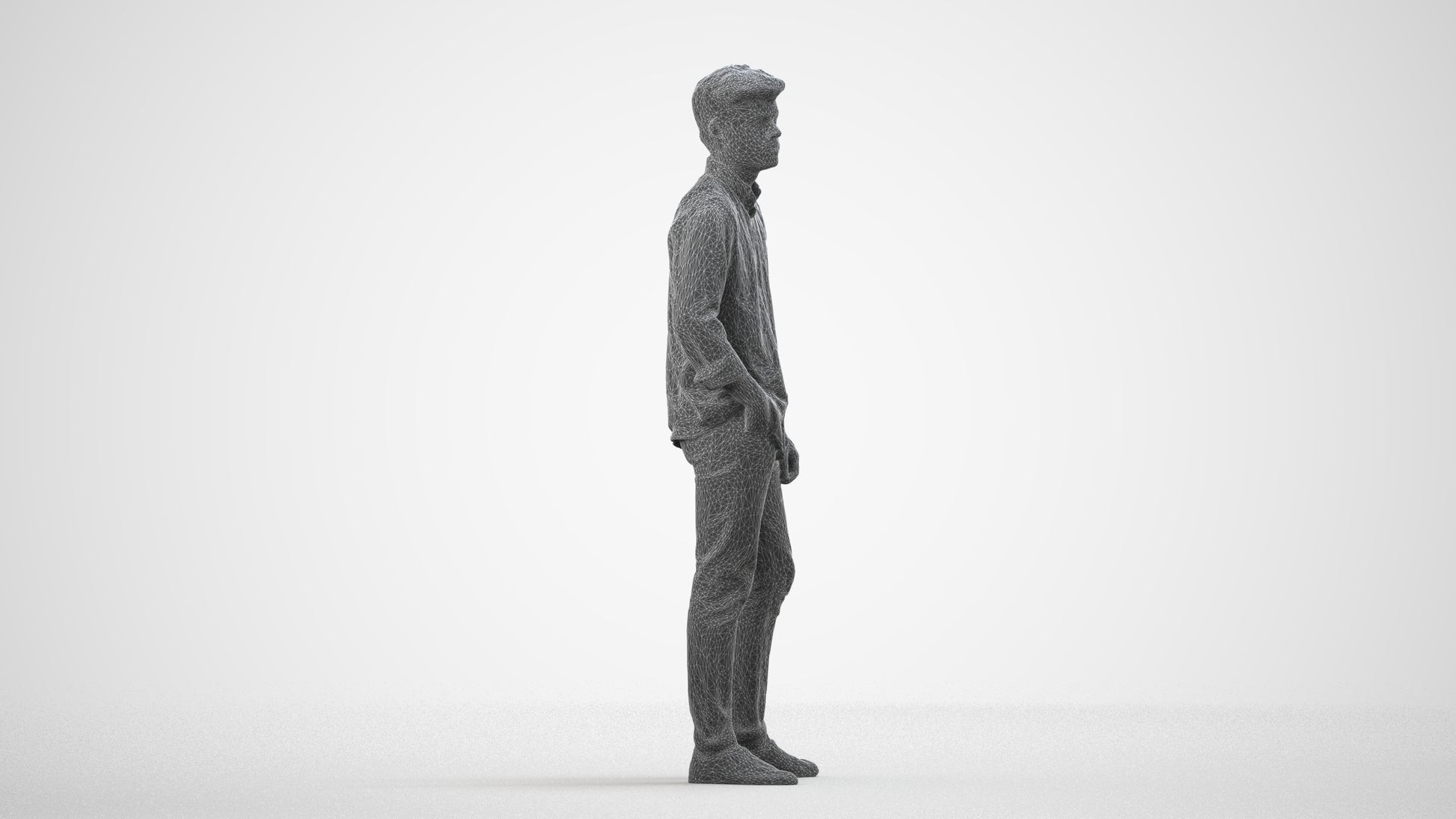 photogrammetry 3D man casual standing, realistic human model archviz FBX, wireframe side view