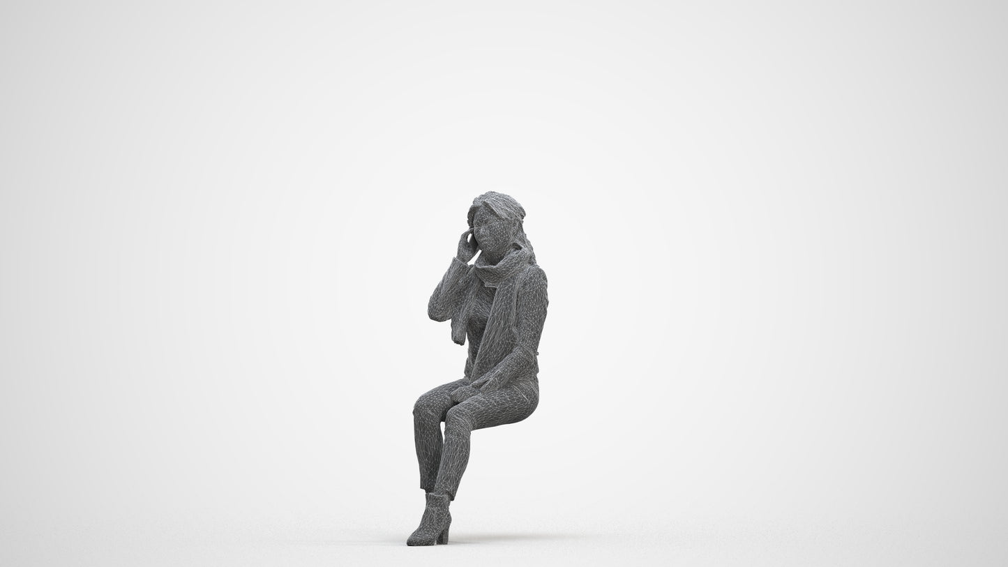 realistic 3D human woman casual sitting, archviz people FBX OBJ for Blender, three-quarter front view render