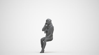 realistic 3D human woman casual sitting, archviz people FBX OBJ for Blender, three-quarter front view render