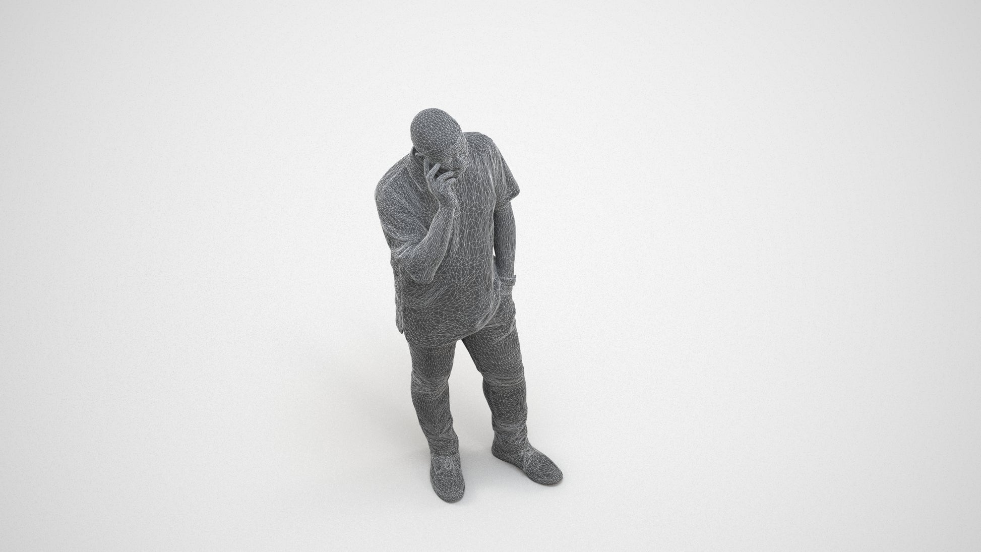 photogrammetry 3D man casual standing, realistic human model archviz FBX, wireframe three-quarter view