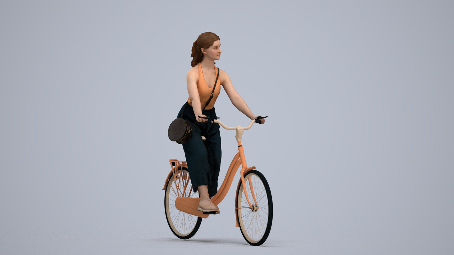 realistic 3D human girl casual cycling, archviz people FBX OBJ for Blender, standing pose render