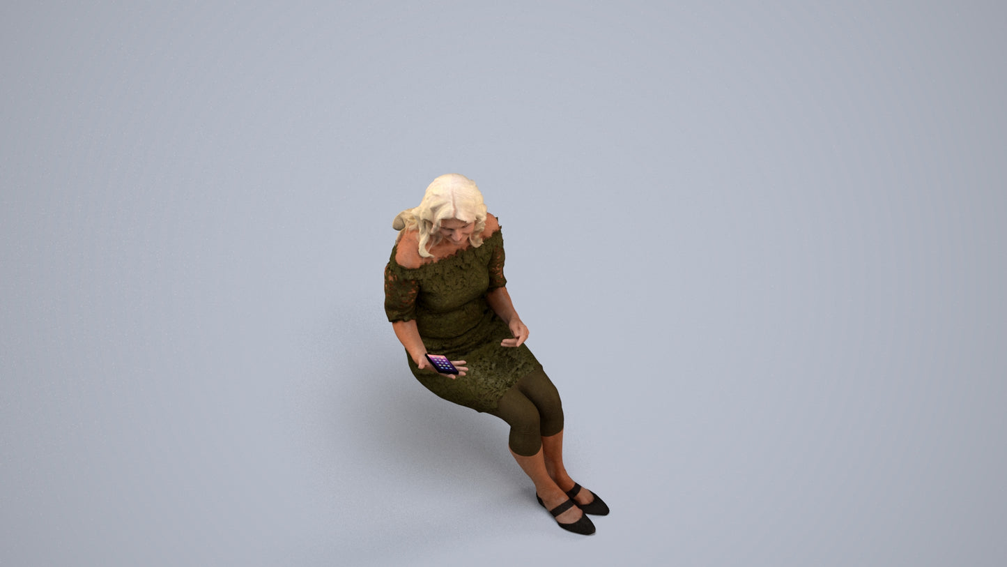 photogrammetry 3D senior woman casual sitting, realistic human model archviz FBX, back view render