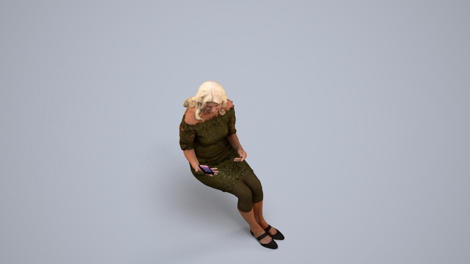 photogrammetry 3D senior woman casual sitting, realistic human model archviz FBX, back view render