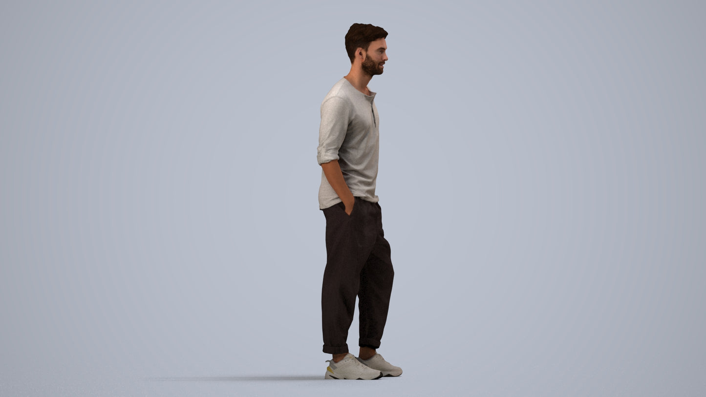 realistic 3D people man casual standing, render-ready for V-Ray and Corona, FBX OBJ, side view render