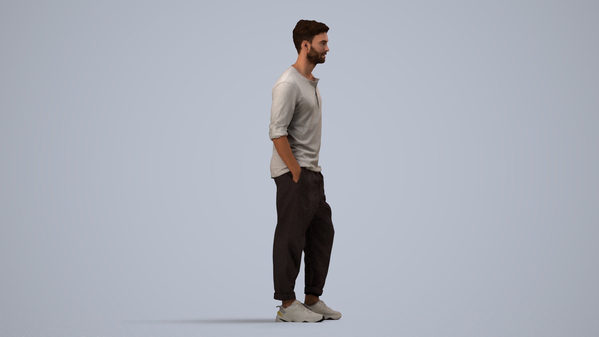 realistic 3D people man casual standing, render-ready for V-Ray and Corona, FBX OBJ, side view render
