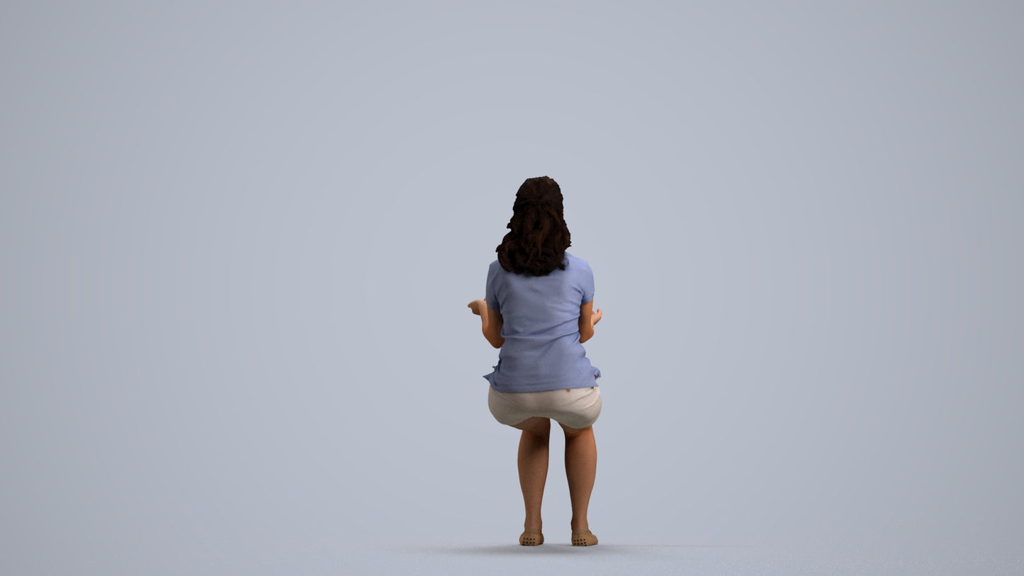 3D human model woman casual sitting, photogrammetry scanned person for archviz, front view render