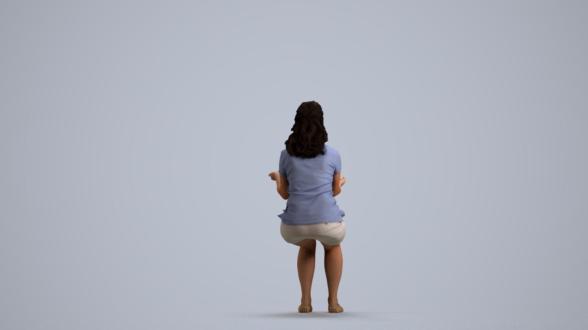 3D human model woman casual sitting, photogrammetry scanned person for archviz, front view render