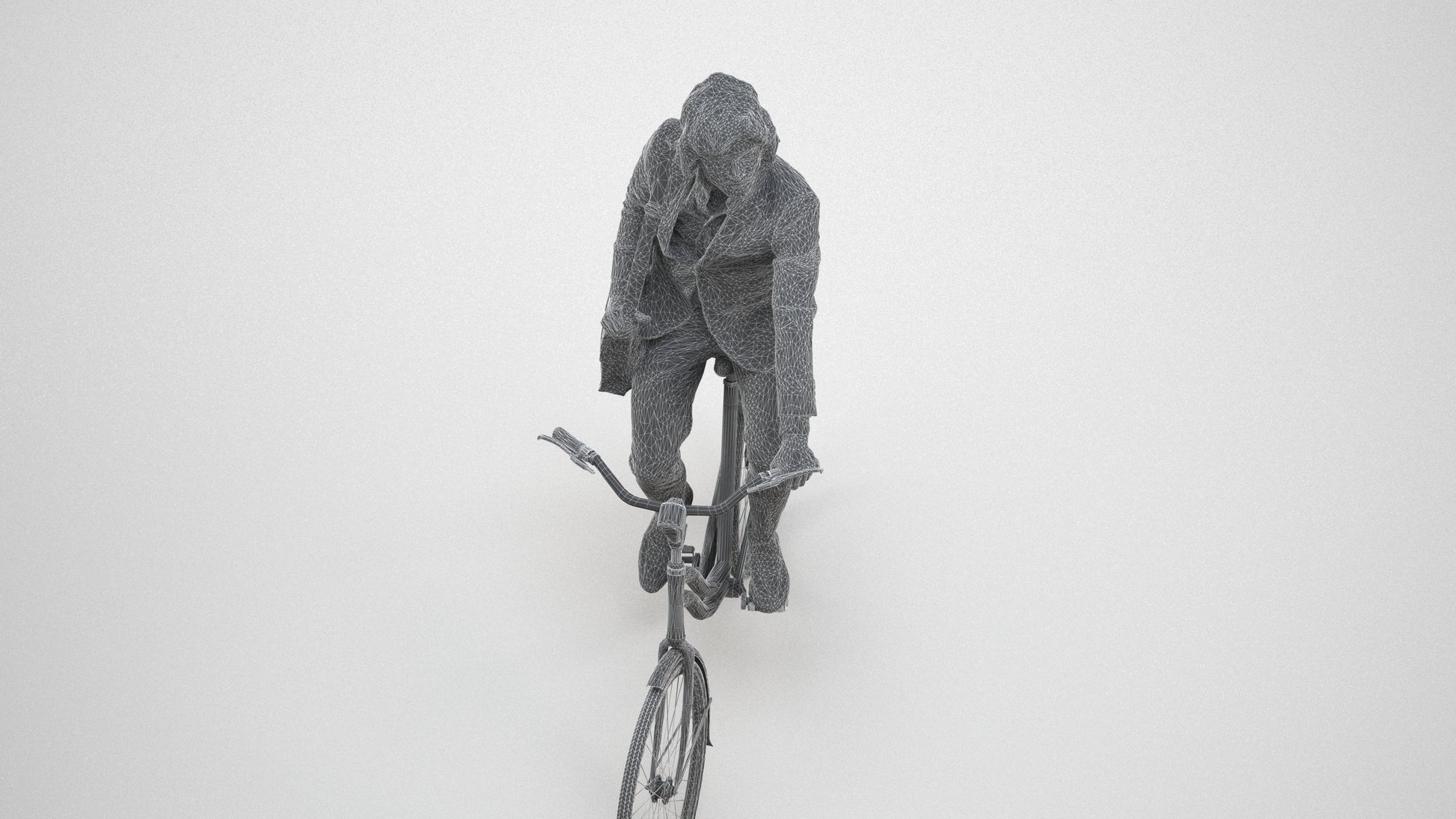 3D human model man business cycling, photogrammetry scanned person for archviz, wireframe three-quarter view