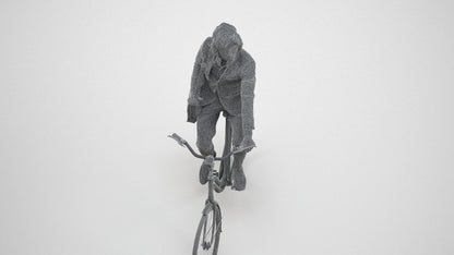 3D human model man business cycling, photogrammetry scanned person for archviz, wireframe three-quarter view