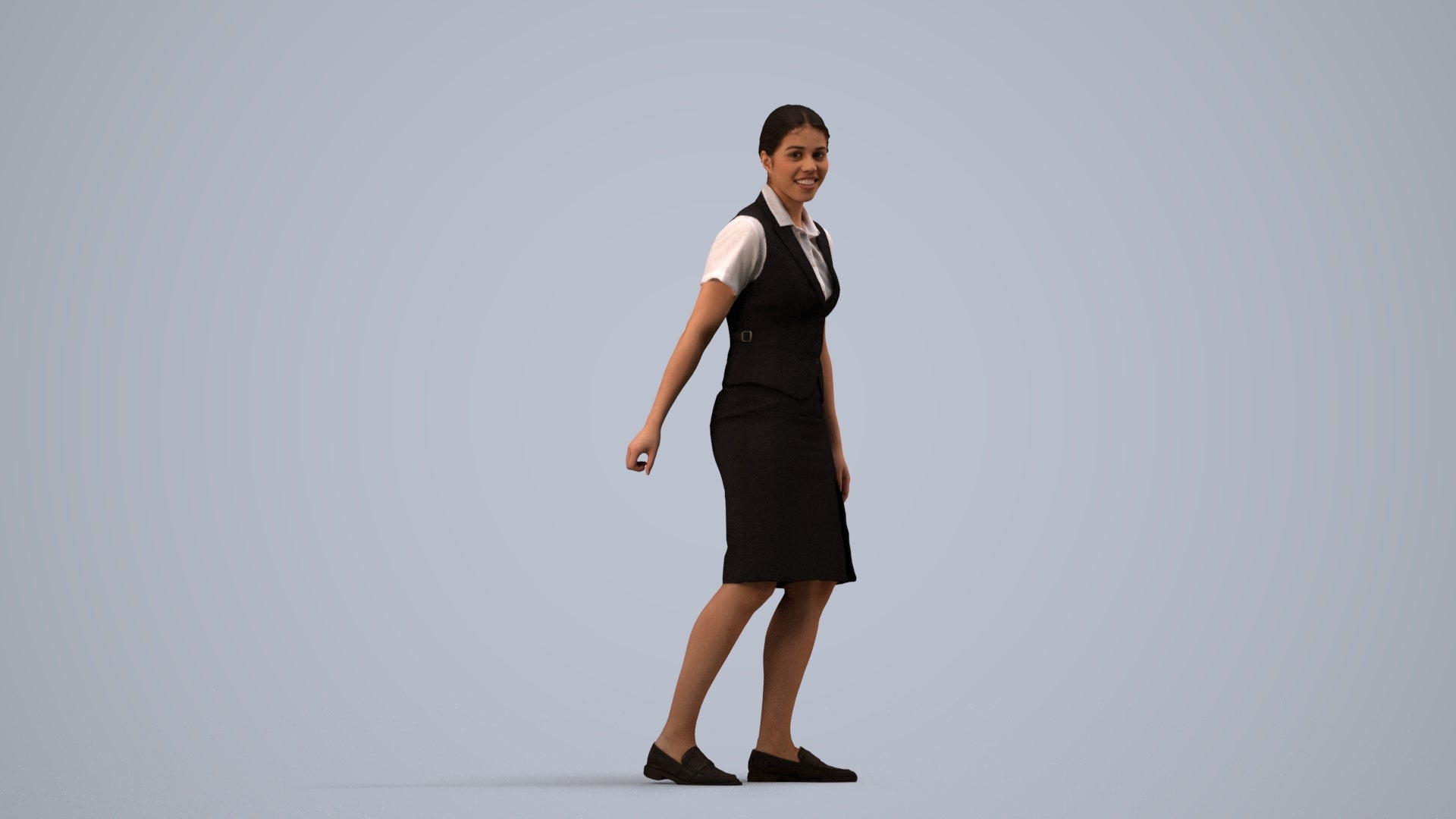 realistic 3D people woman hospitality, render-ready for V-Ray and Corona, FBX OBJ, side view render