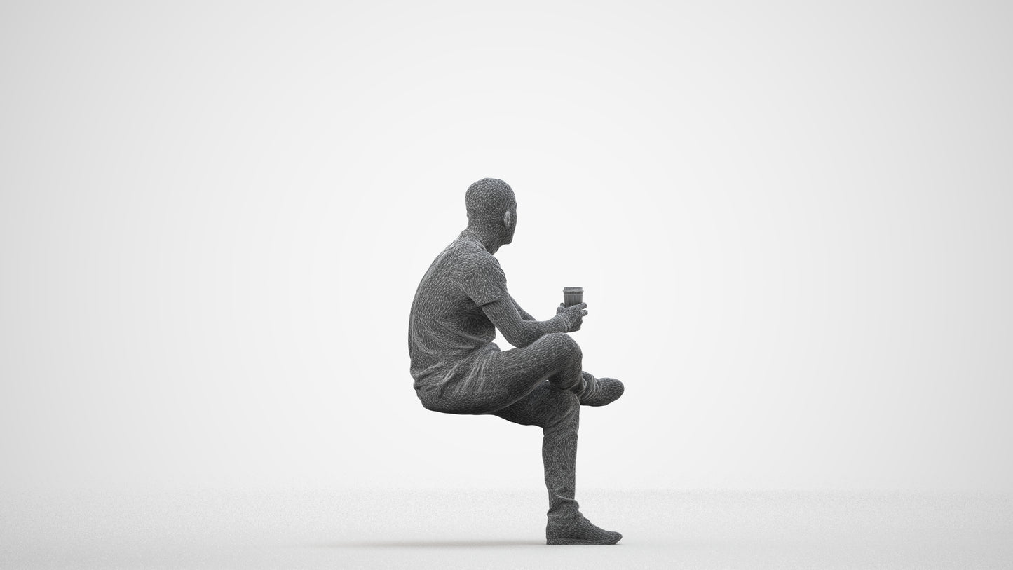 realistic 3D people man casual sitting, render-ready for V-Ray and Corona, FBX OBJ, wireframe side view