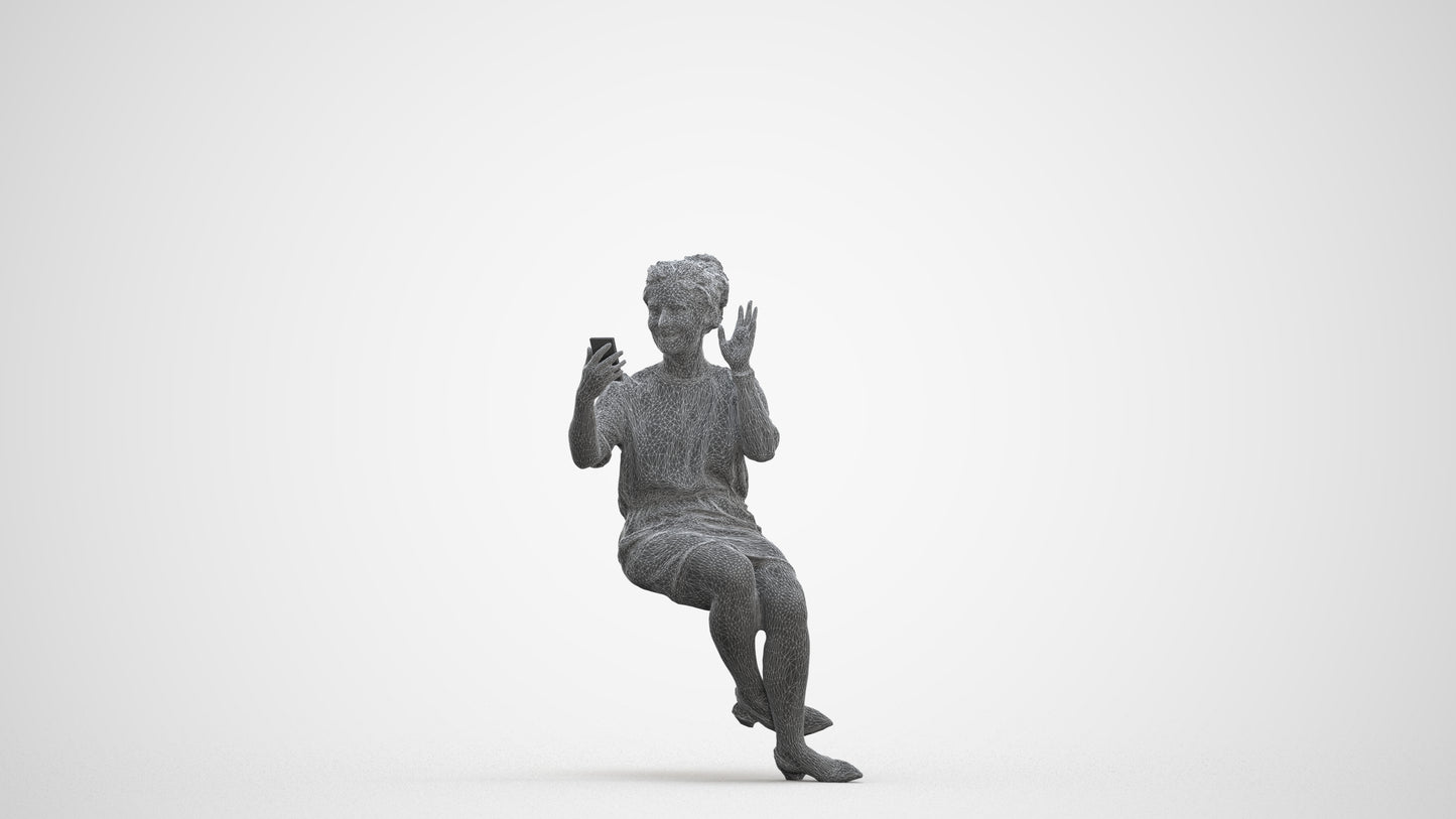 3D scanned woman sitting casual, photorealistic archviz people for Enscape and SketchUp, three-quarter front view render