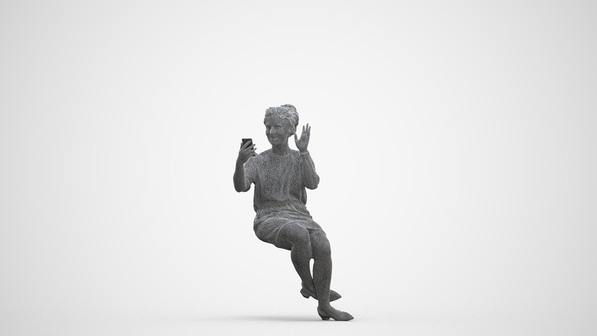 3D scanned woman sitting casual, photorealistic archviz people for Enscape and SketchUp, three-quarter front view render