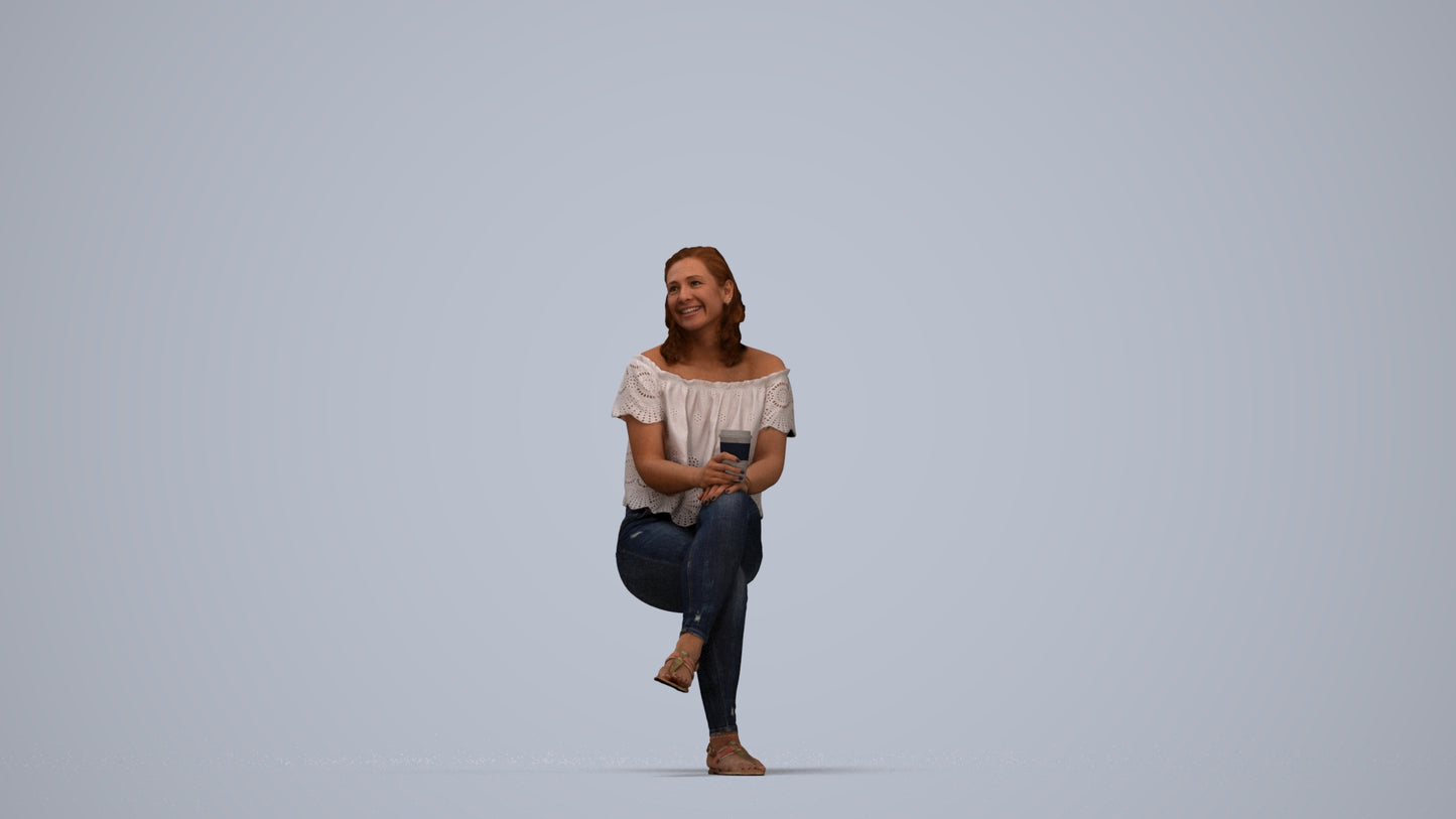 realistic 3D people woman casual sitting, render-ready for V-Ray and Corona, FBX OBJ, top-down view render