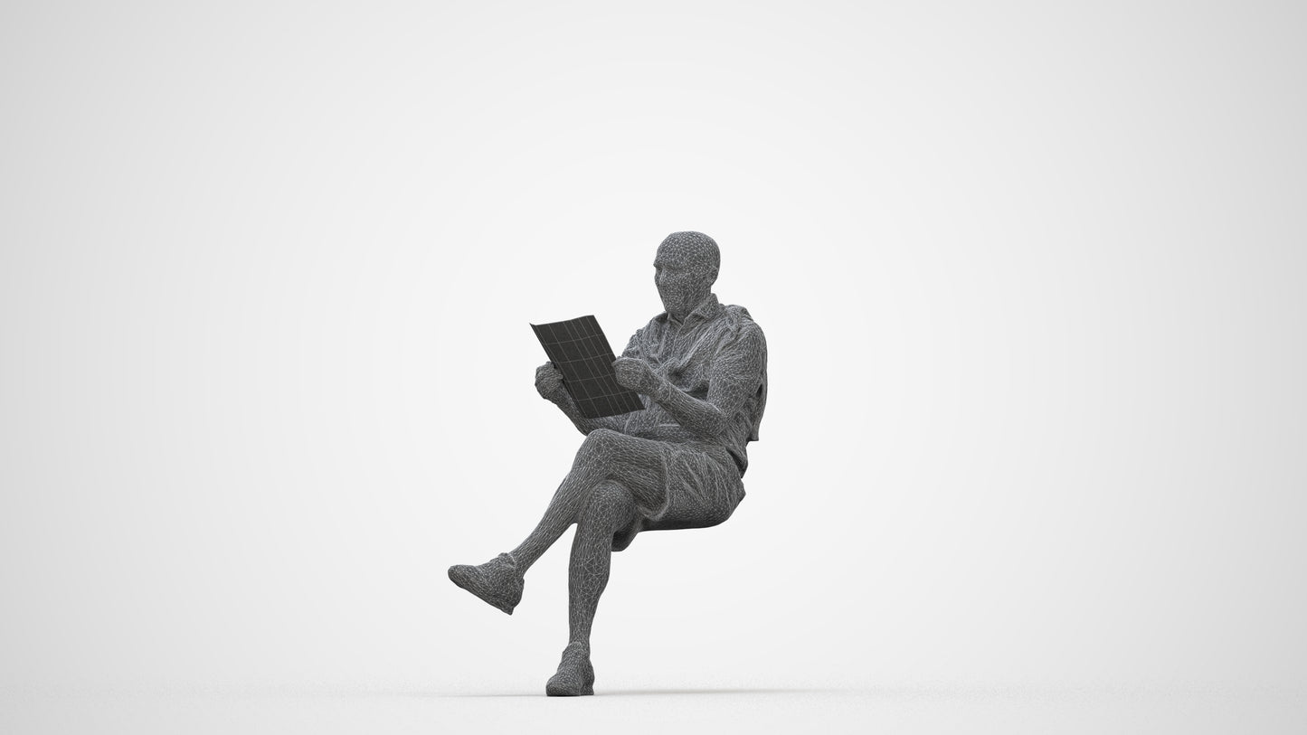 realistic 3D people senior man casual sitting, render-ready for V-Ray and Corona, FBX OBJ, wireframe back view