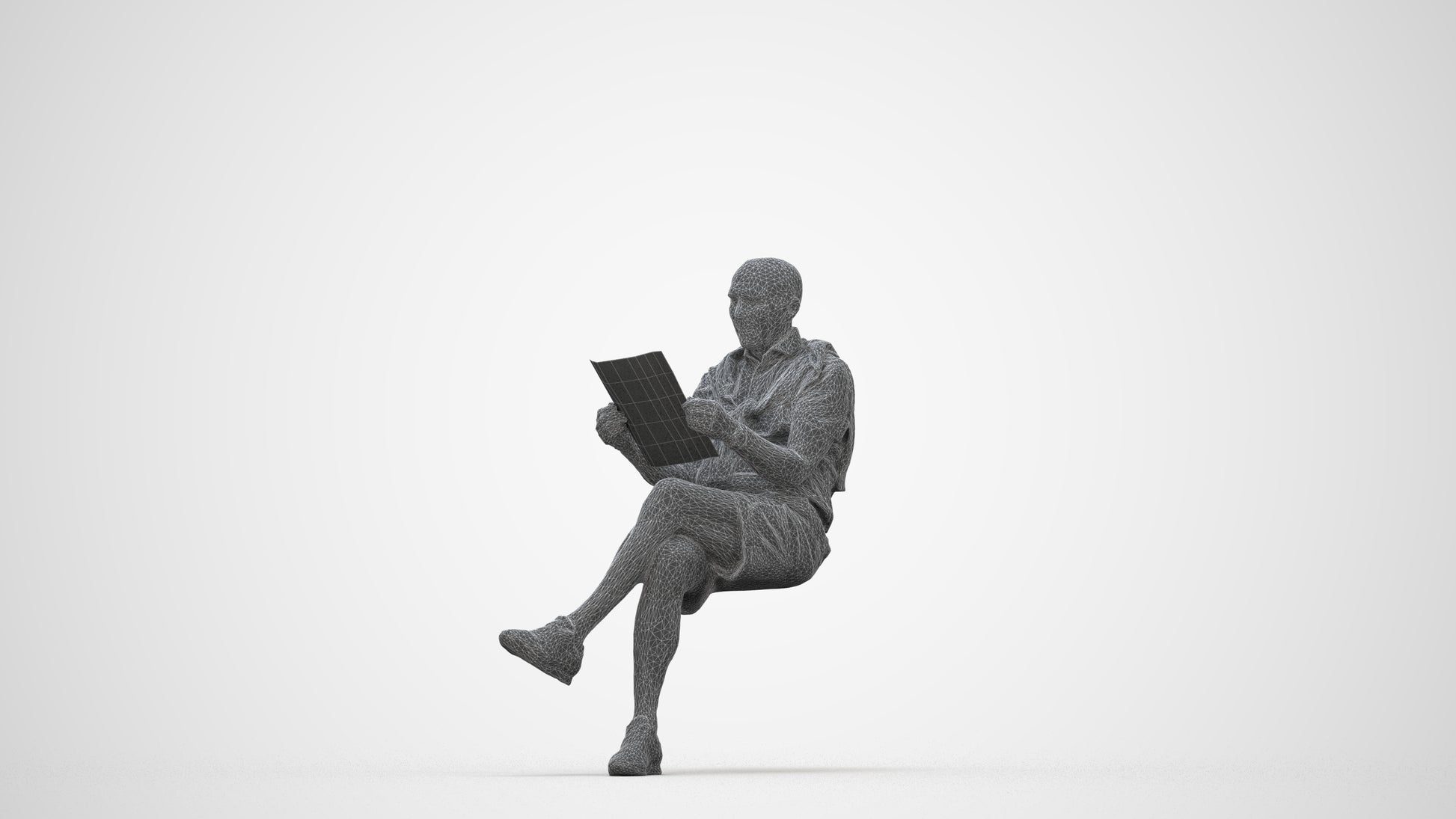 realistic 3D people senior man casual sitting, render-ready for V-Ray and Corona, FBX OBJ, wireframe back view