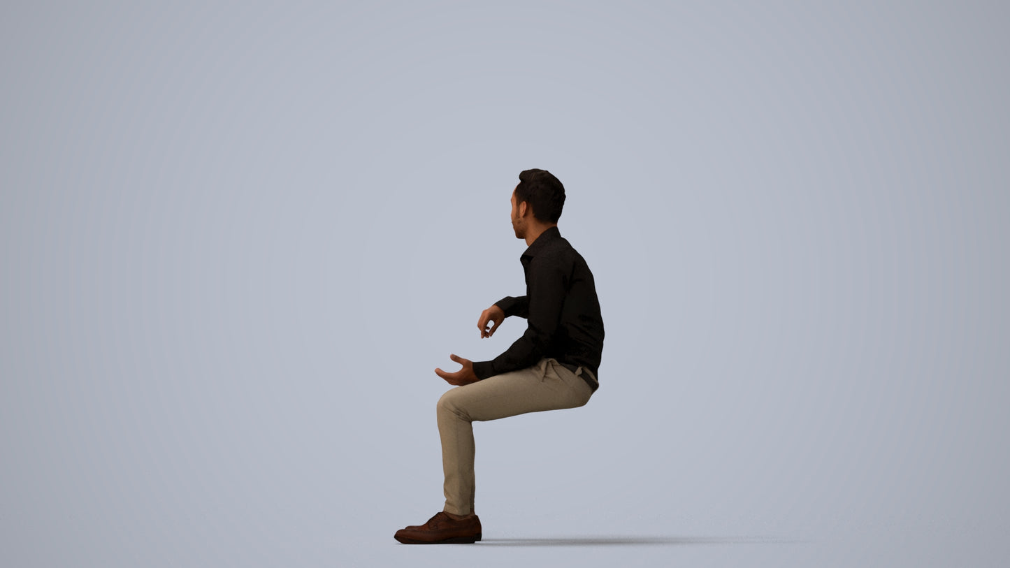 realistic 3D man business sitting, scanned archviz people for Blender and 3ds Max, three-quarter view render