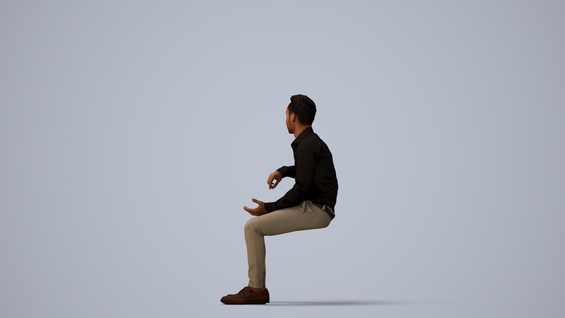 realistic 3D man business sitting, scanned archviz people for Blender and 3ds Max, three-quarter view render
