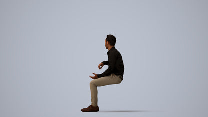 realistic 3D man business sitting, scanned archviz people for Blender and 3ds Max, three-quarter view render