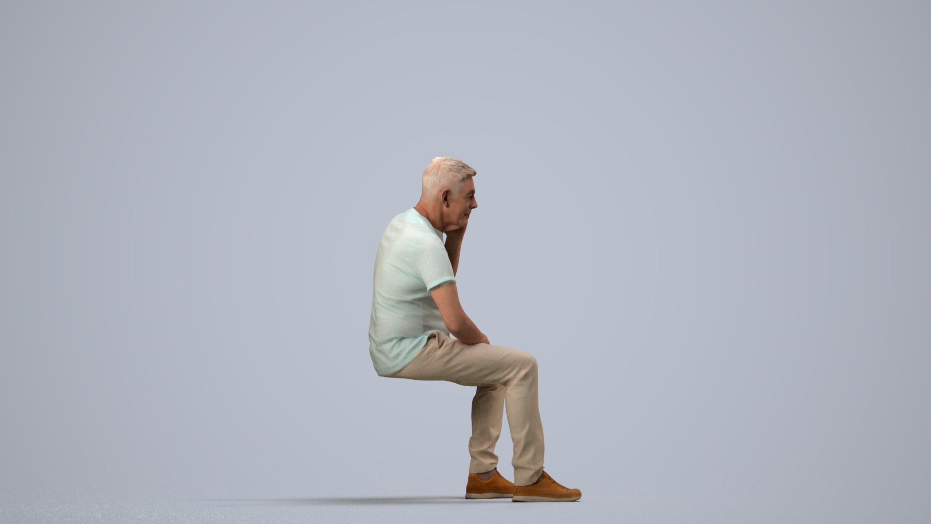 3D scanned senior man sitting casual, photorealistic archviz people for Enscape and SketchUp, side view render