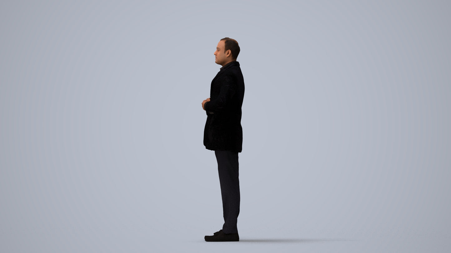 realistic 3D human man business standing, archviz people FBX OBJ for Blender, three-quarter view render