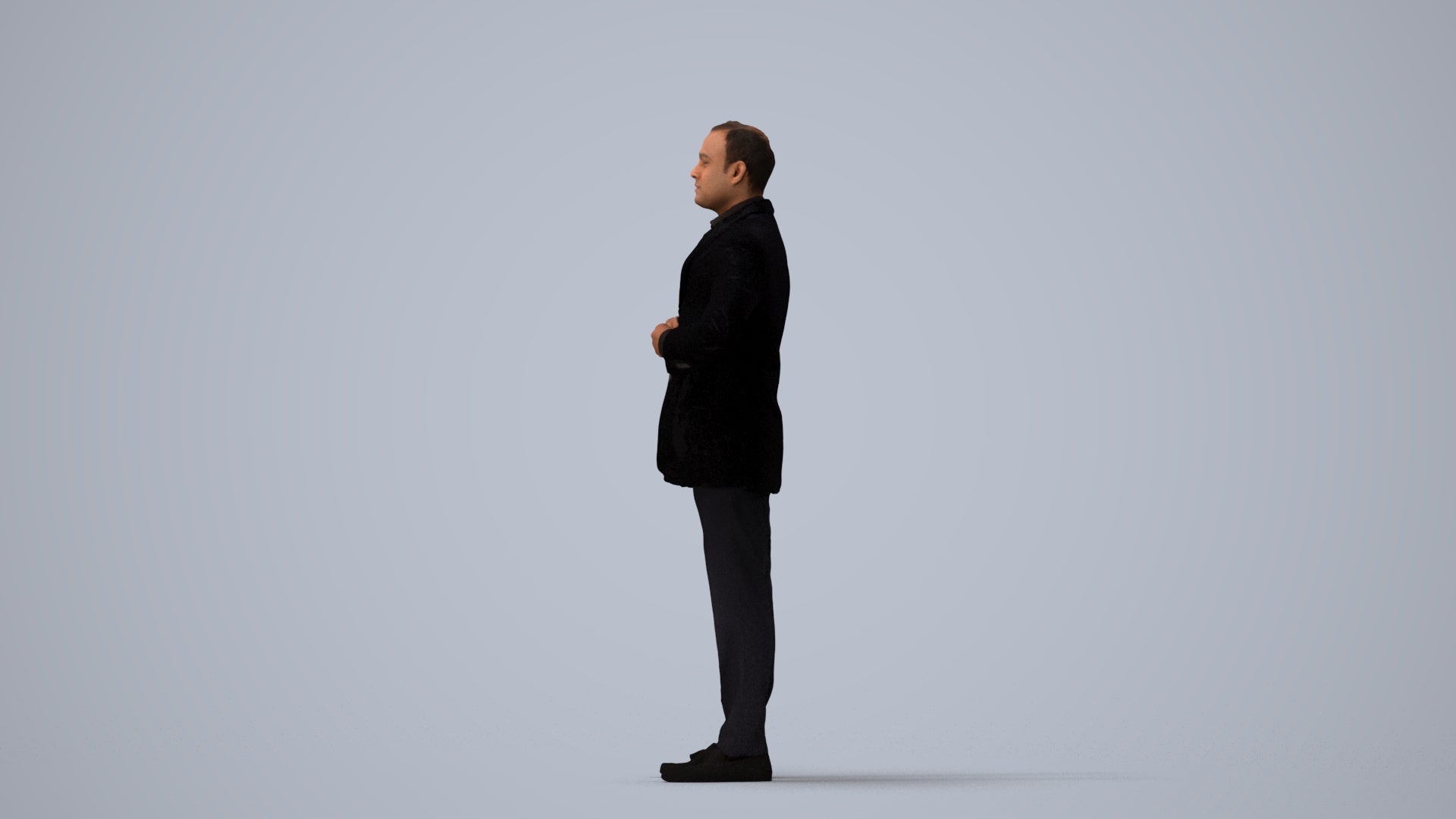 realistic 3D human man business standing, archviz people FBX OBJ for Blender, three-quarter view render