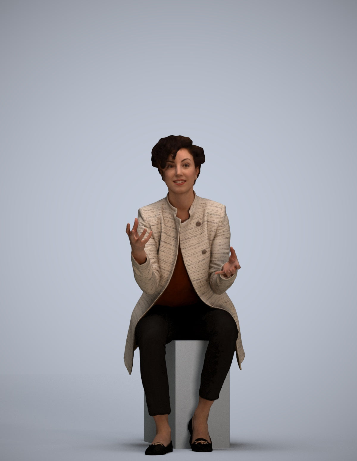 realistic 3D woman business sitting, scanned archviz people for Blender and 3ds Max