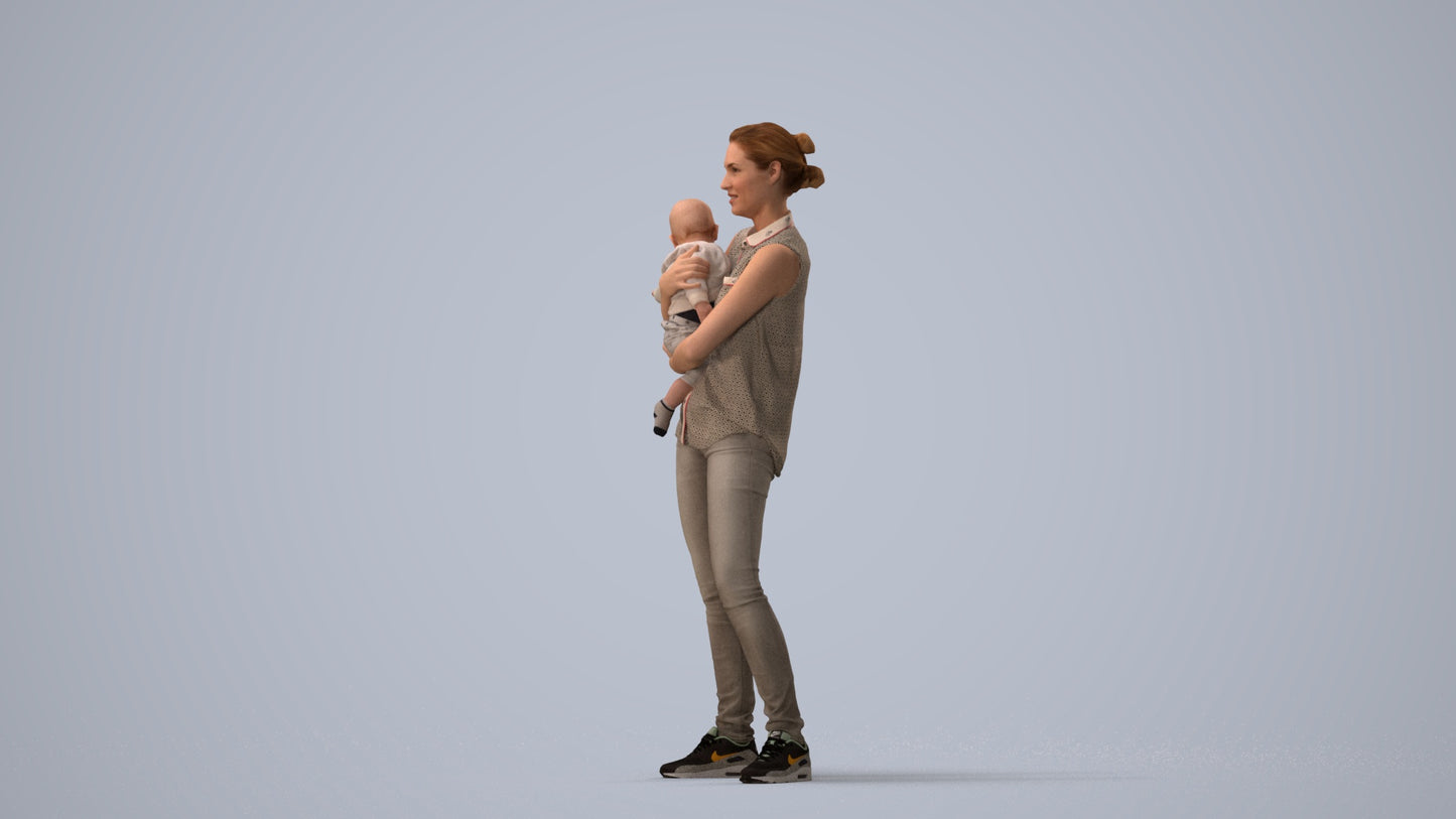 realistic 3D people woman casual kids, render-ready for V-Ray and Corona, FBX OBJ, three-quarter view render